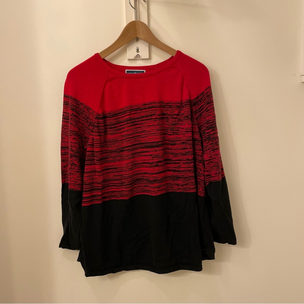Karen Scott Cassie Color Blocked Curved Hem, 1X Red Long Sleeve Shirt